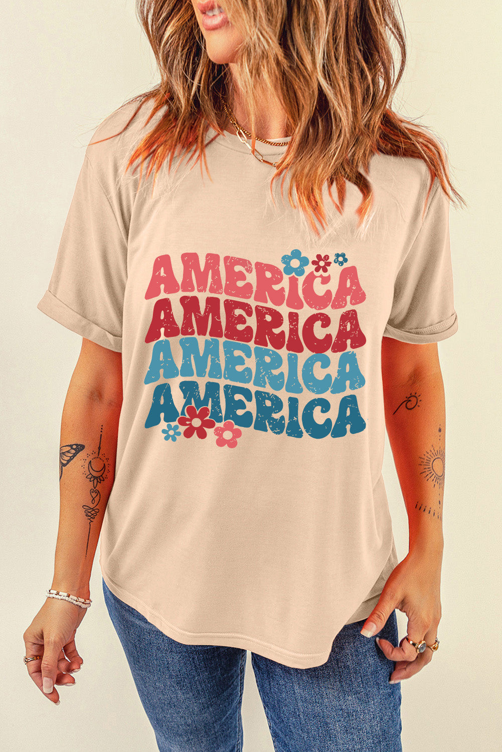 Women America Round Neck Short Sleeve T-Shirt nicholesgifts