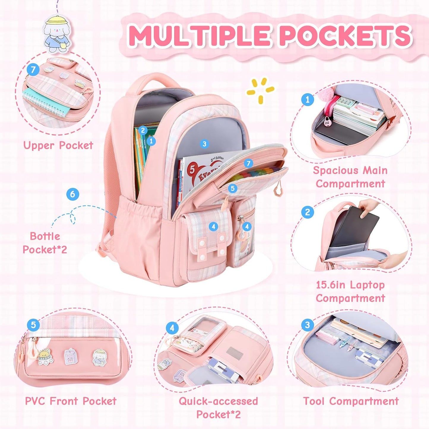 Kids Backpack for Girls - Kawaii School Backpack with Cartoon Pins & Pom Pom Charm - Lightweight Water Resistant Bookbag for Elementary Students - Travel Backpack with Luggage Strap - Pink