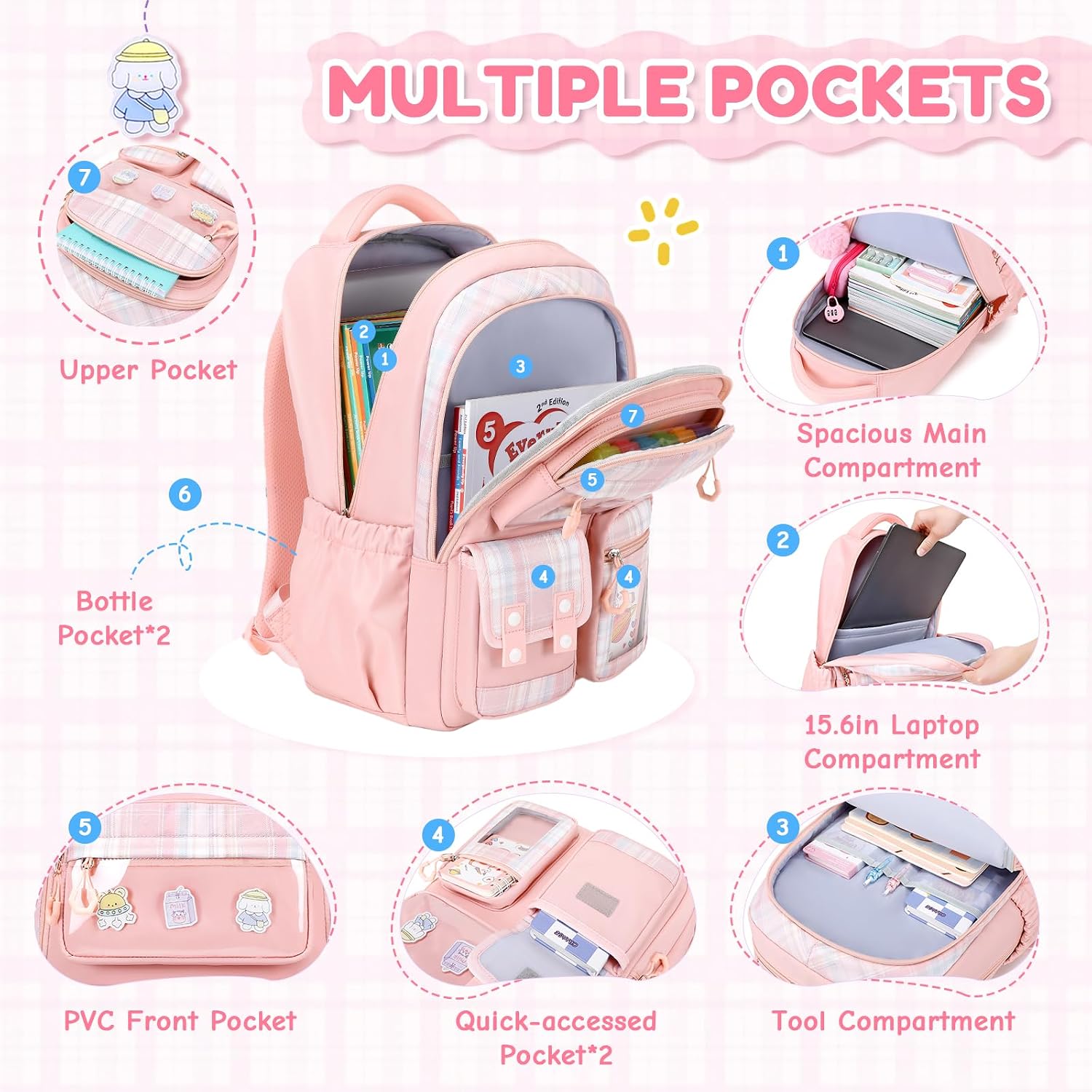Kids Backpack for Girls - Kawaii School Backpack with Cartoon Pins & Pom Pom Charm - Lightweight Water Resistant Bookbag for Elementary Students - Travel Backpack with Luggage Strap - Pink