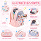 Kids Backpack for Girls - Kawaii School Backpack with Cartoon Pins & Pom Pom Charm - Lightweight Water Resistant Bookbag for Elementary Students - Travel Backpack with Luggage Strap - Pink