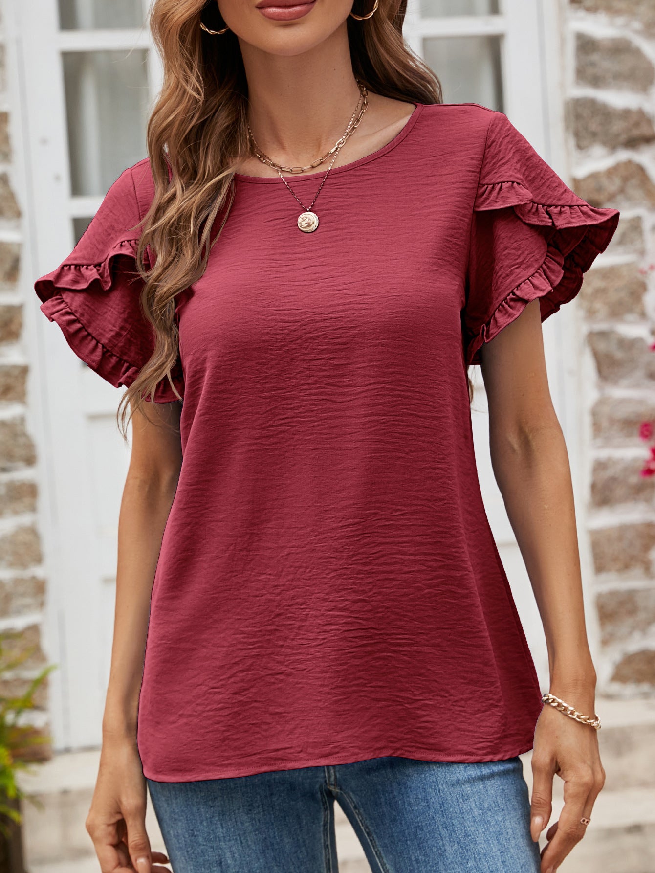 Textured Petal Sleeve Round Neck Tee nicholesgifts