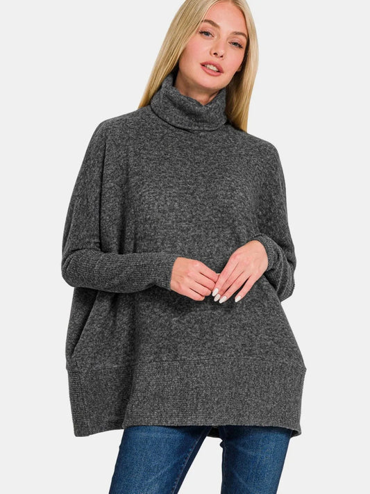 Zenana Full Size Brushed Melange Hacci Turtleneck Sweater Trendsi