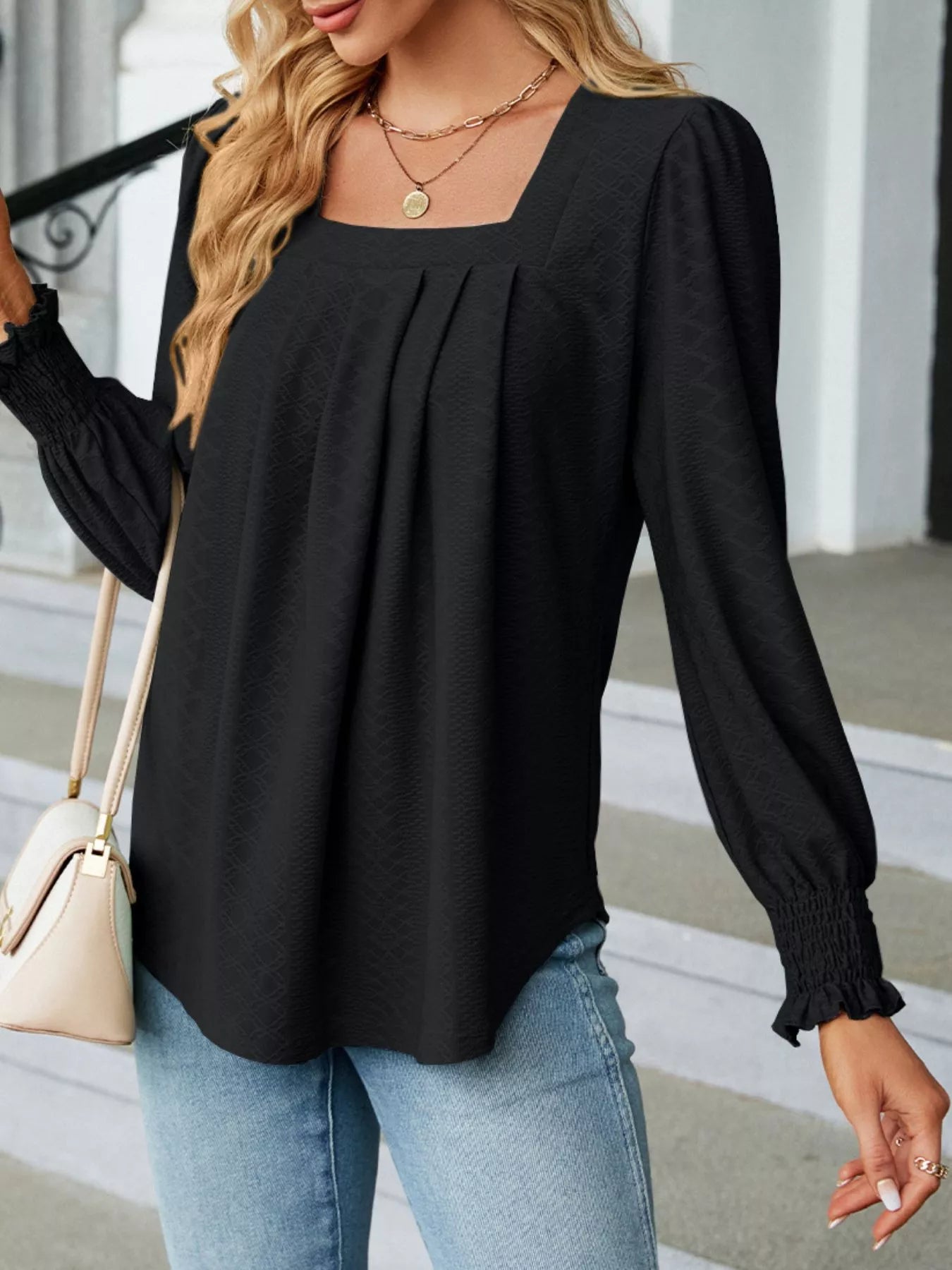 Pleated Square Neck Long Sleeve Top Trendsi