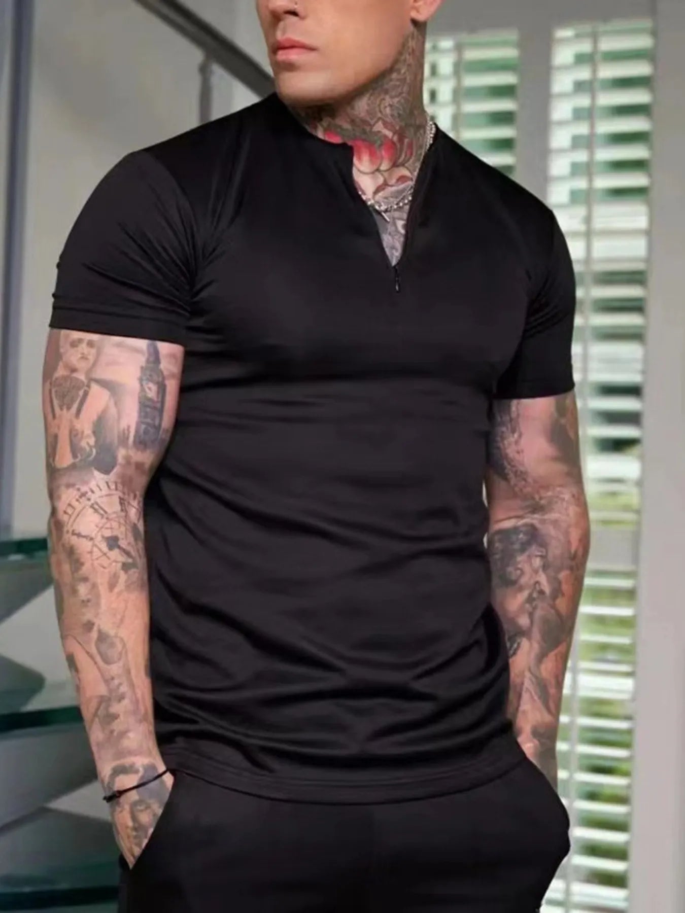 Men's Notched Short Sleeve Active T-Shirt Trendsi