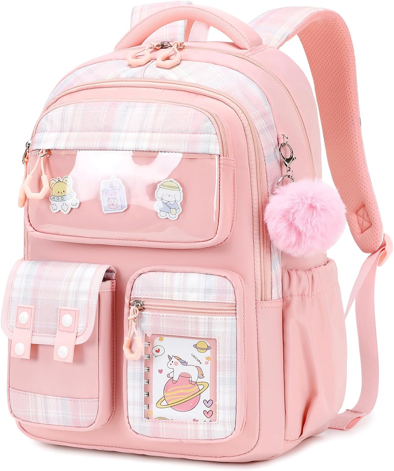 Kids Backpack for Girls - Kawaii School Backpack with Cartoon Pins & Pom Pom Charm - Lightweight Water Resistant Bookbag for Elementary Students - Travel Backpack with Luggage Strap - Pink