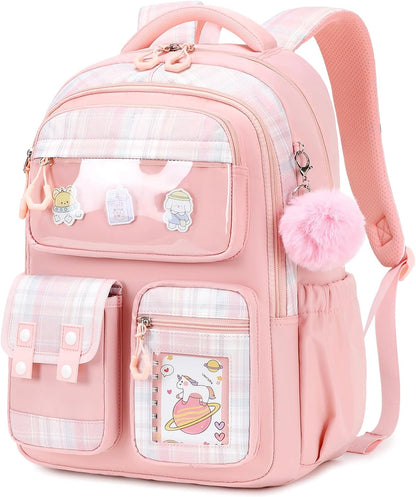 Kids Backpack for Girls - Kawaii School Backpack with Cartoon Pins & Pom Pom Charm - Lightweight Water Resistant Bookbag for Elementary Students - Travel Backpack with Luggage Strap - Pink