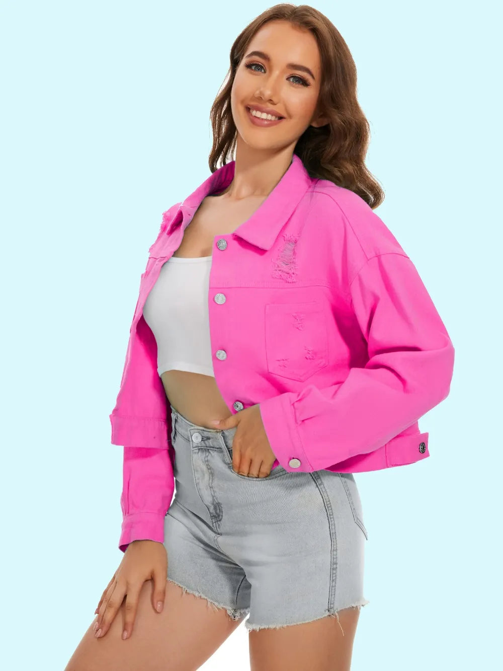 Distressed Distressed Button Up Denim Jacket nicholesgifts