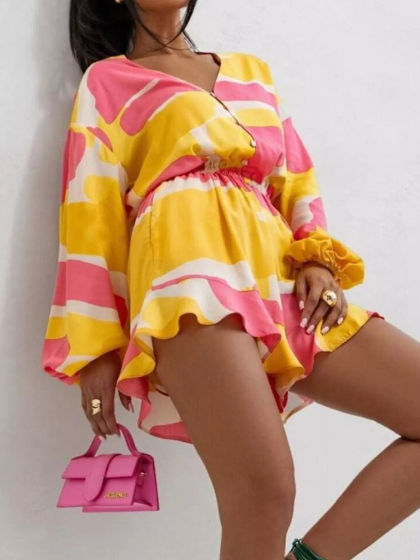 Floral V-Neck Long Sleeve Romper with Elastic Waist nicholesgifts