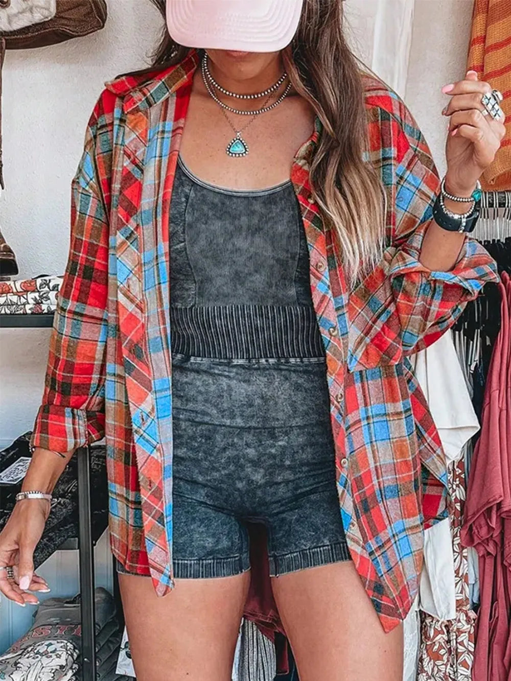 Plaid Collared Neck Long Sleeve Shirt Trendsi