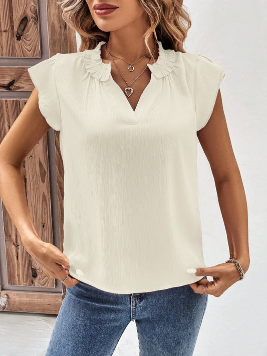 Notched Cap Sleeve Blouse nicholesgifts