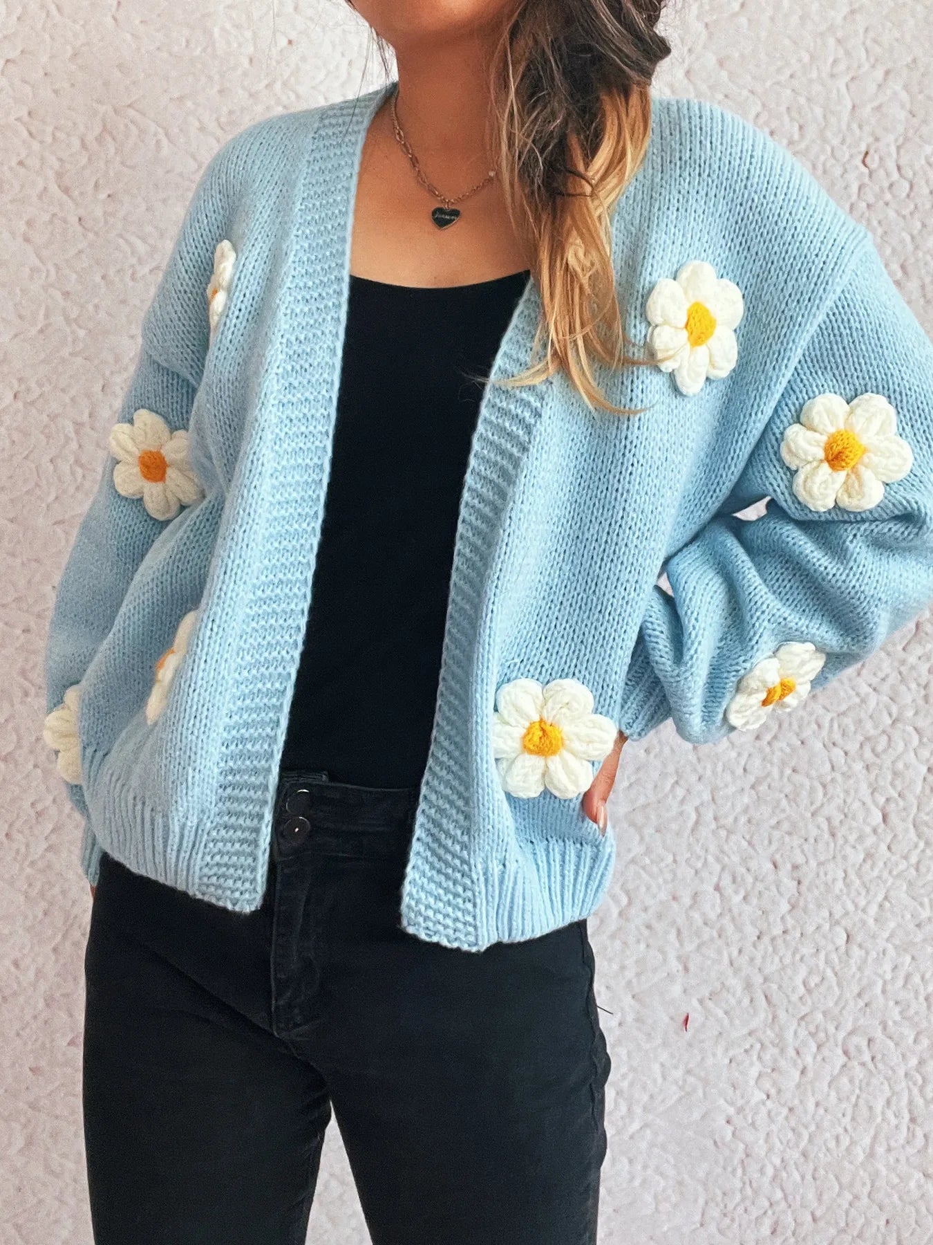 Flower Open Front Long Sleeve Cardigan