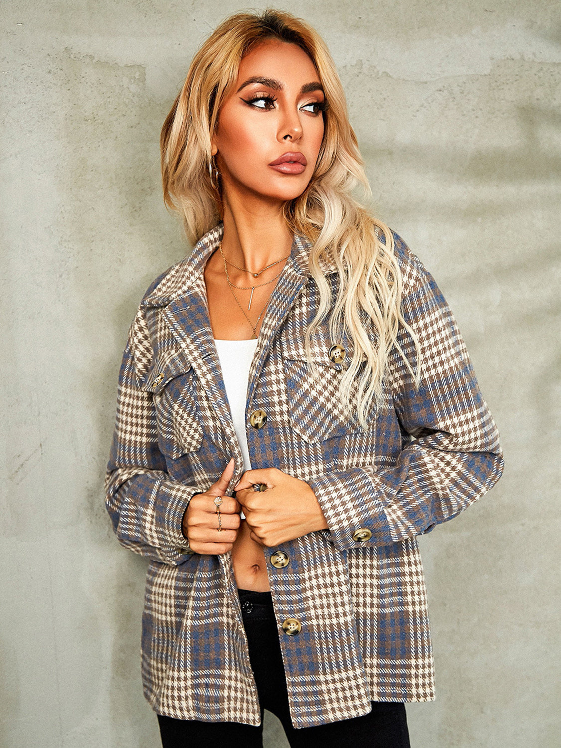 Plaid Button Down Collared Jacket nicholesgifts
