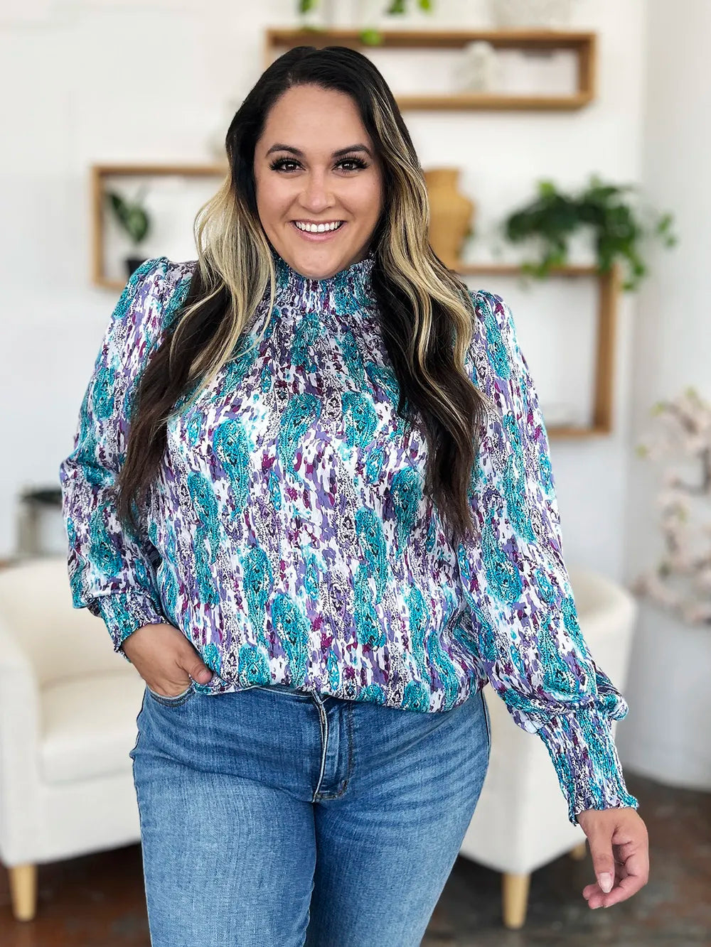 Double Take Full Size Printed Smocked Long Sleeve Blouse nicholesgifts