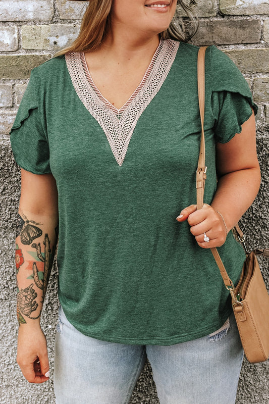 Plus Size Women Green Colored V-Neck Petal Sleeve Blouse - Nicholesgifts.online