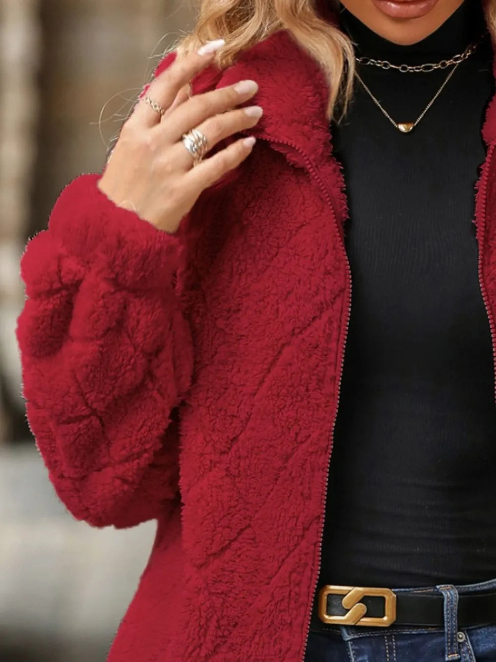 Fuzzy Pocketed Zip Up Jacket nicholesgifts