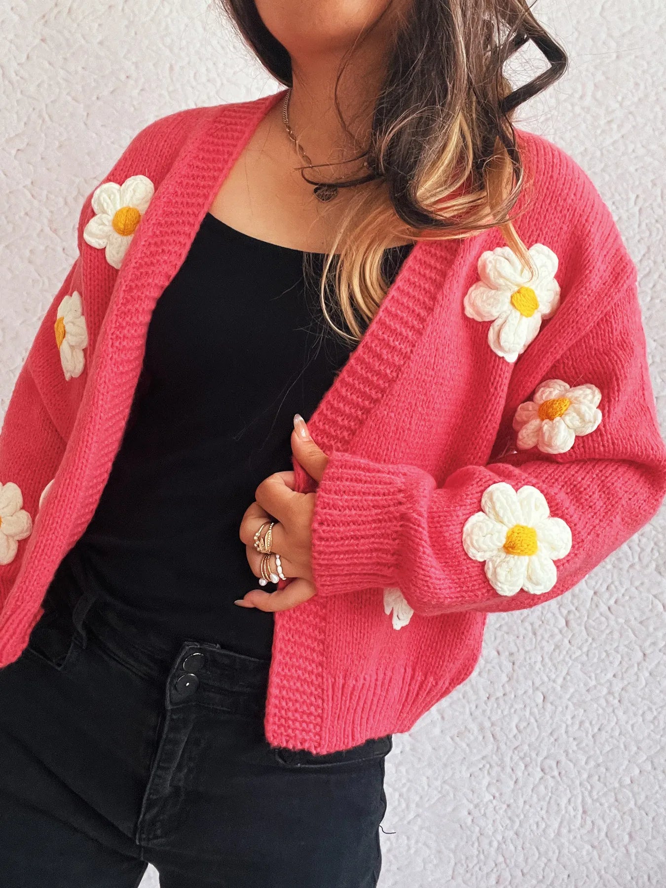 Flower Open Front Long Sleeve Cardigan