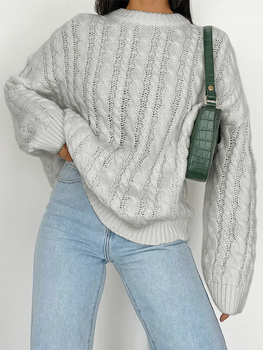Openwork Round Sleeve Cable-Knit Sweater Trendsi