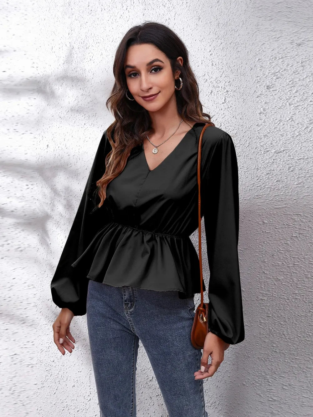 V-Neck Balloon Sleeve Peplum Blouse nicholesgifts