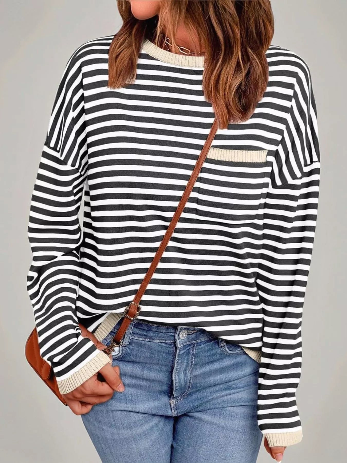 Striped Round Neck Long Sleeve Knit Top