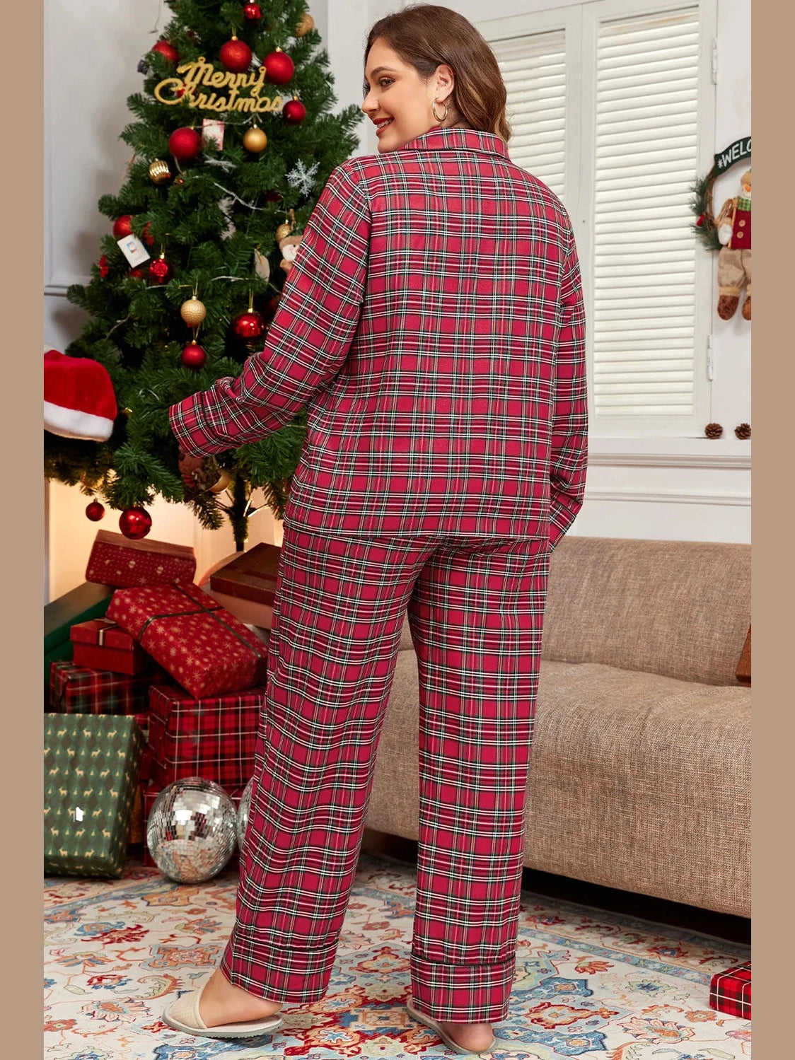 Plus Size Plaid Collared Neck Top and Pants Lounge Set nicholesgifts