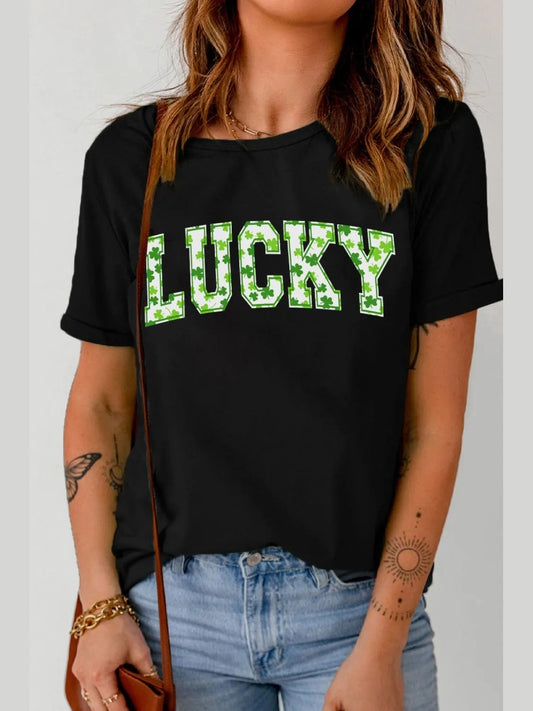 LUCKY Letter Clover Short Sleeve T-Shirt Trendsi