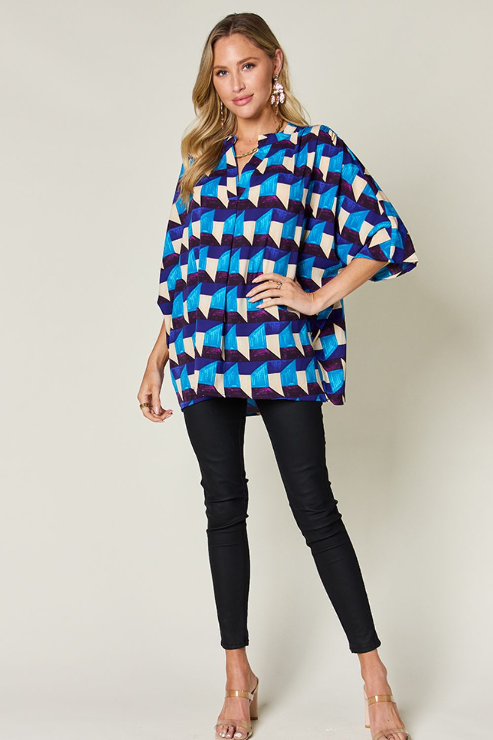 Double Take Full Size Geometric Notched Half Sleeve Blouse nicholesgifts