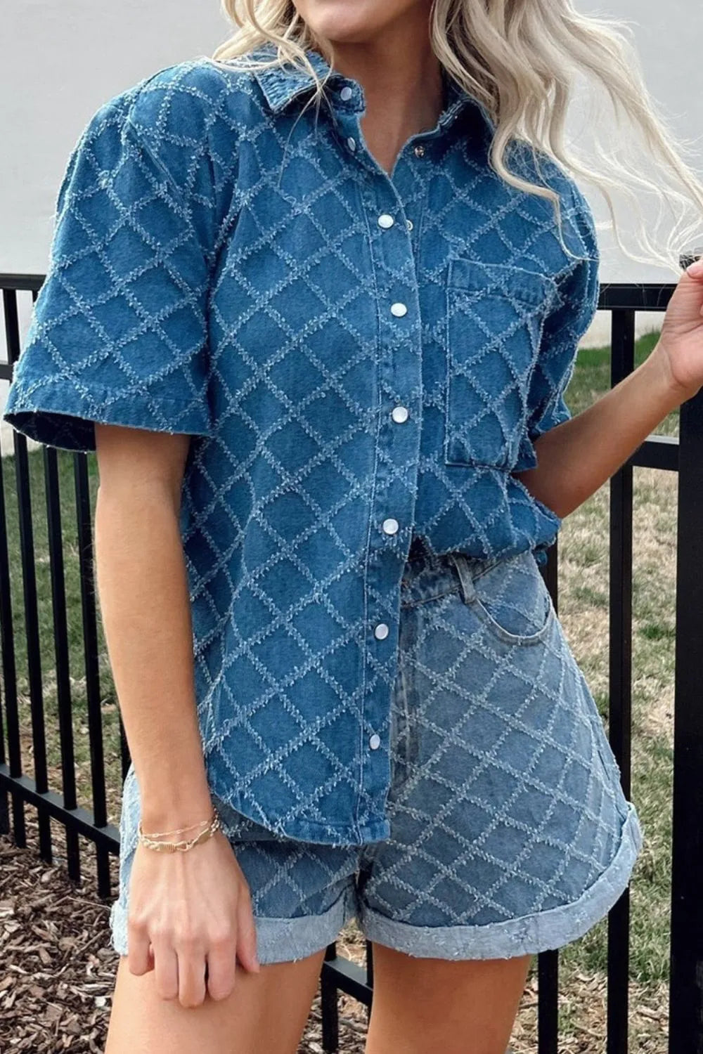 Pocketed Collared Neck Short Sleeve Denim Shirt Trendsi