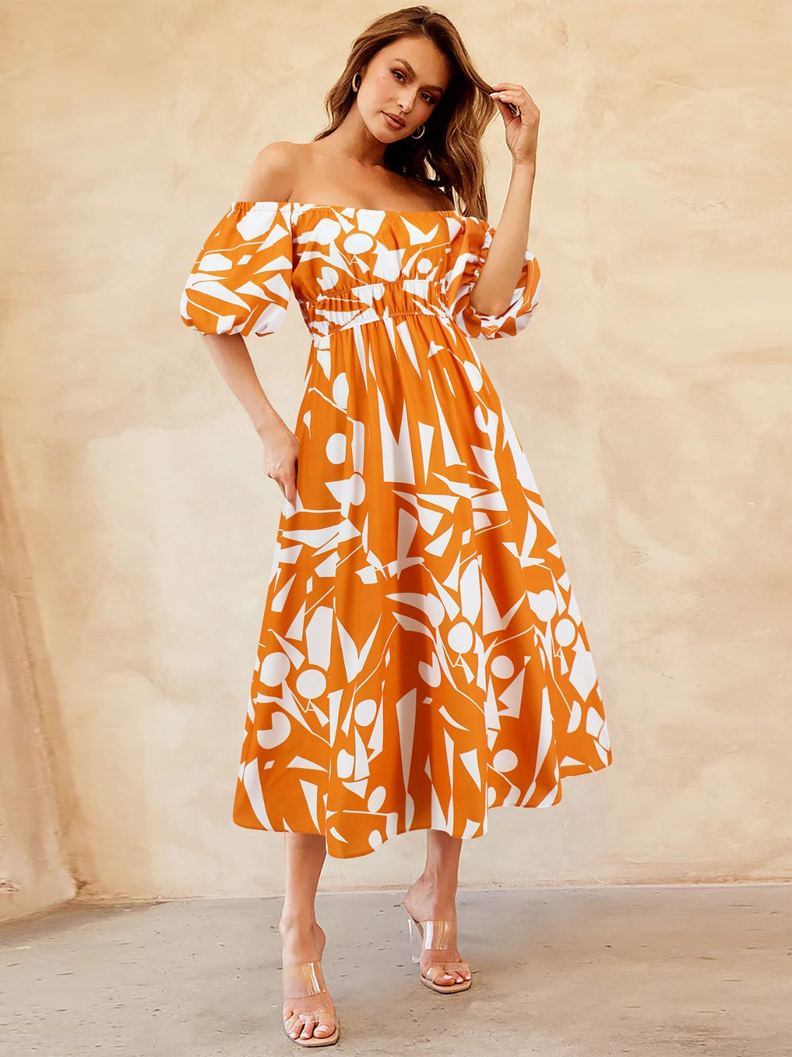 Printed Off-Shoulder Balloon Sleeve Dress nicholesgifts