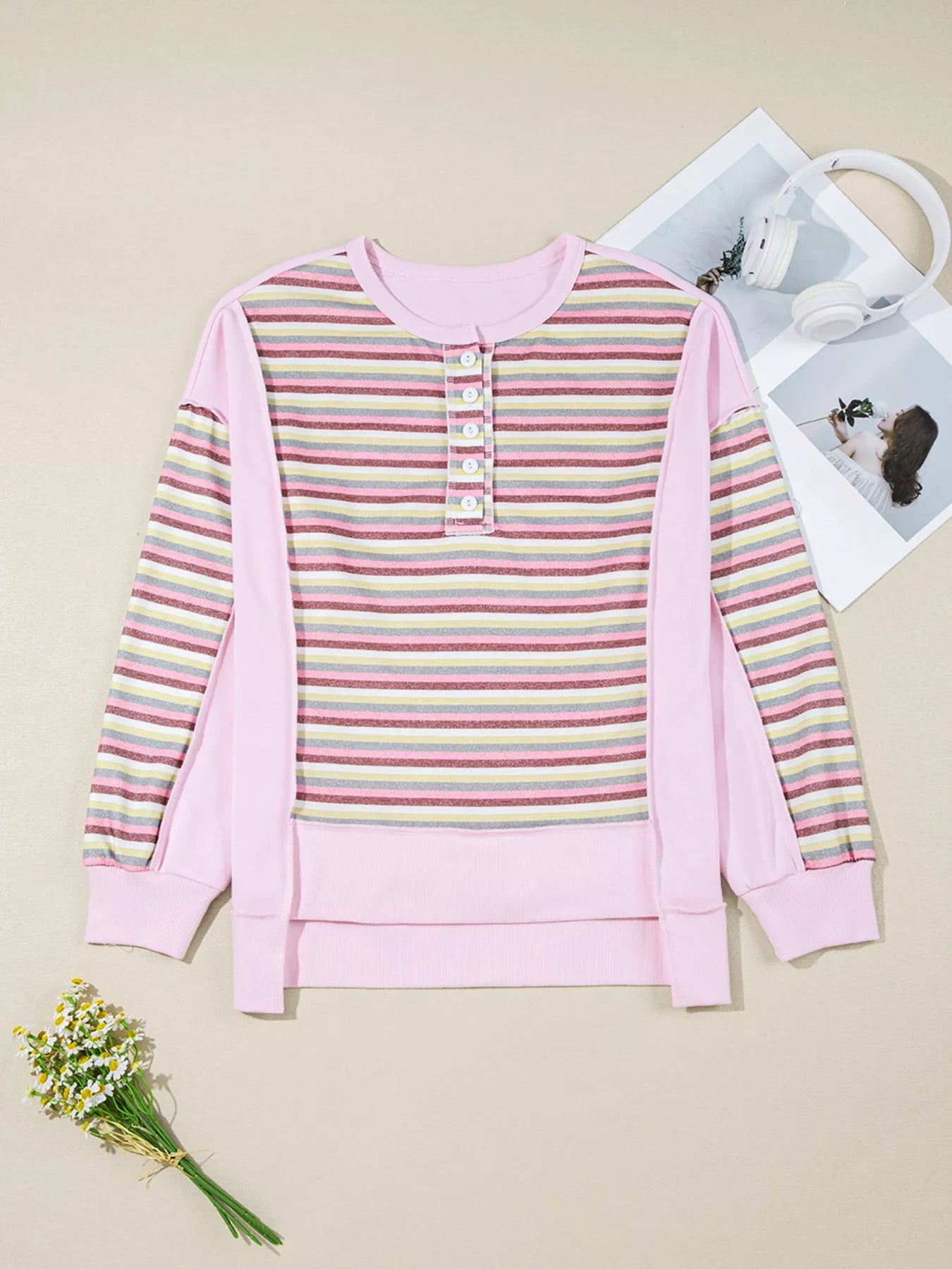 Exposed Seam Color Block Striped Patchwork Loose Henley Sweatshirt nicholesgifts