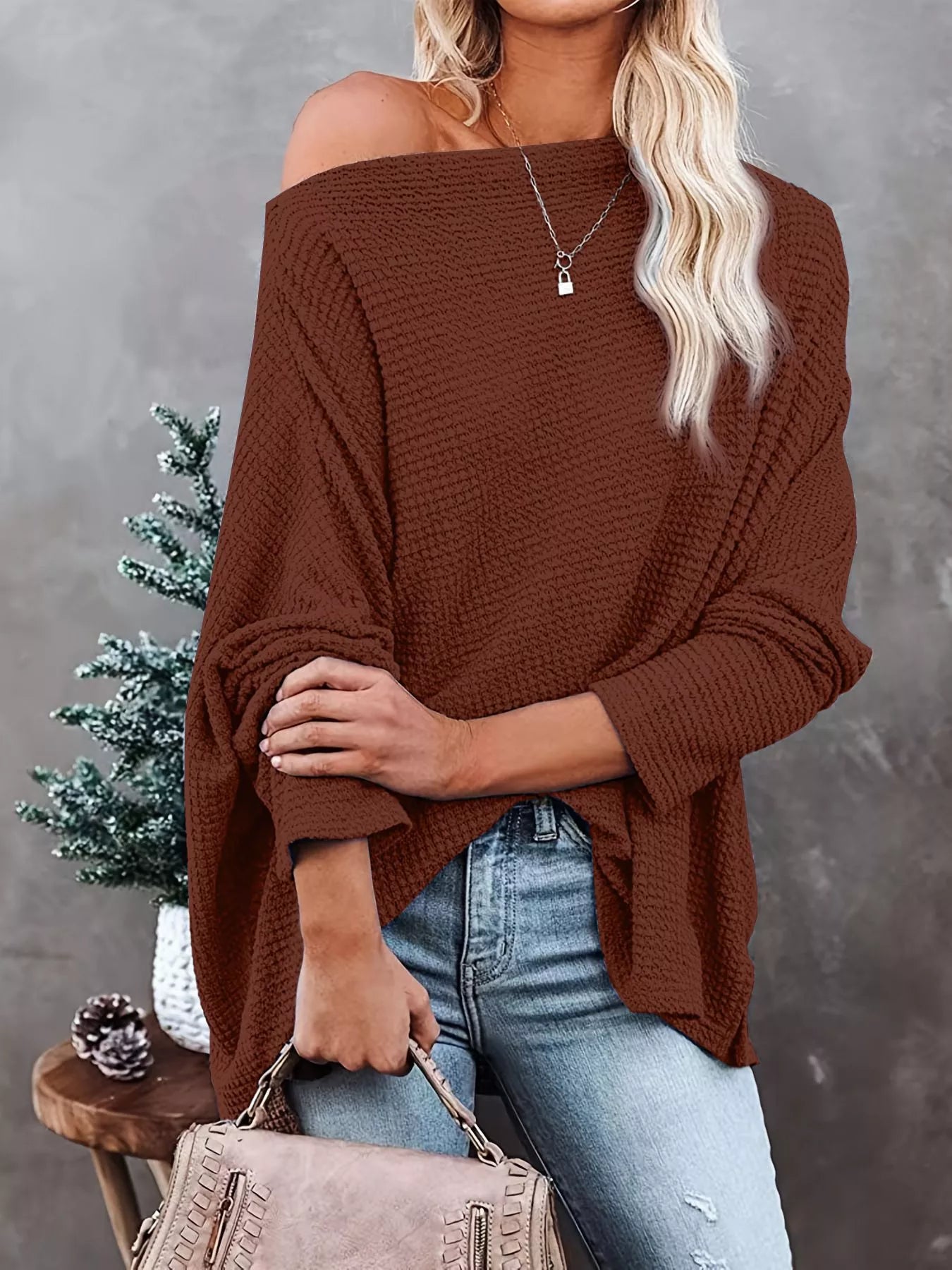 Waffle Knit Boat Neck T-Shirt nicholesgifts