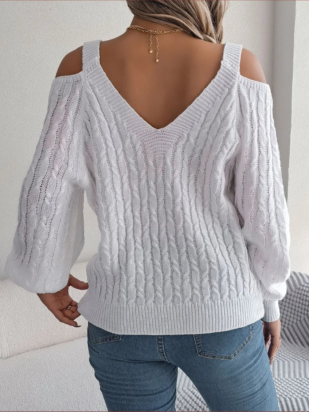 Cable-Knit Cold Shoulder Long Sleeve Sweater Trendsi