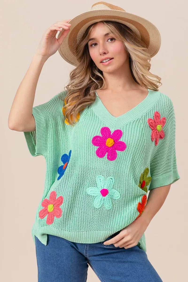 BiBi Flower Patches Dolman Sleeve Lightweight Sweater
