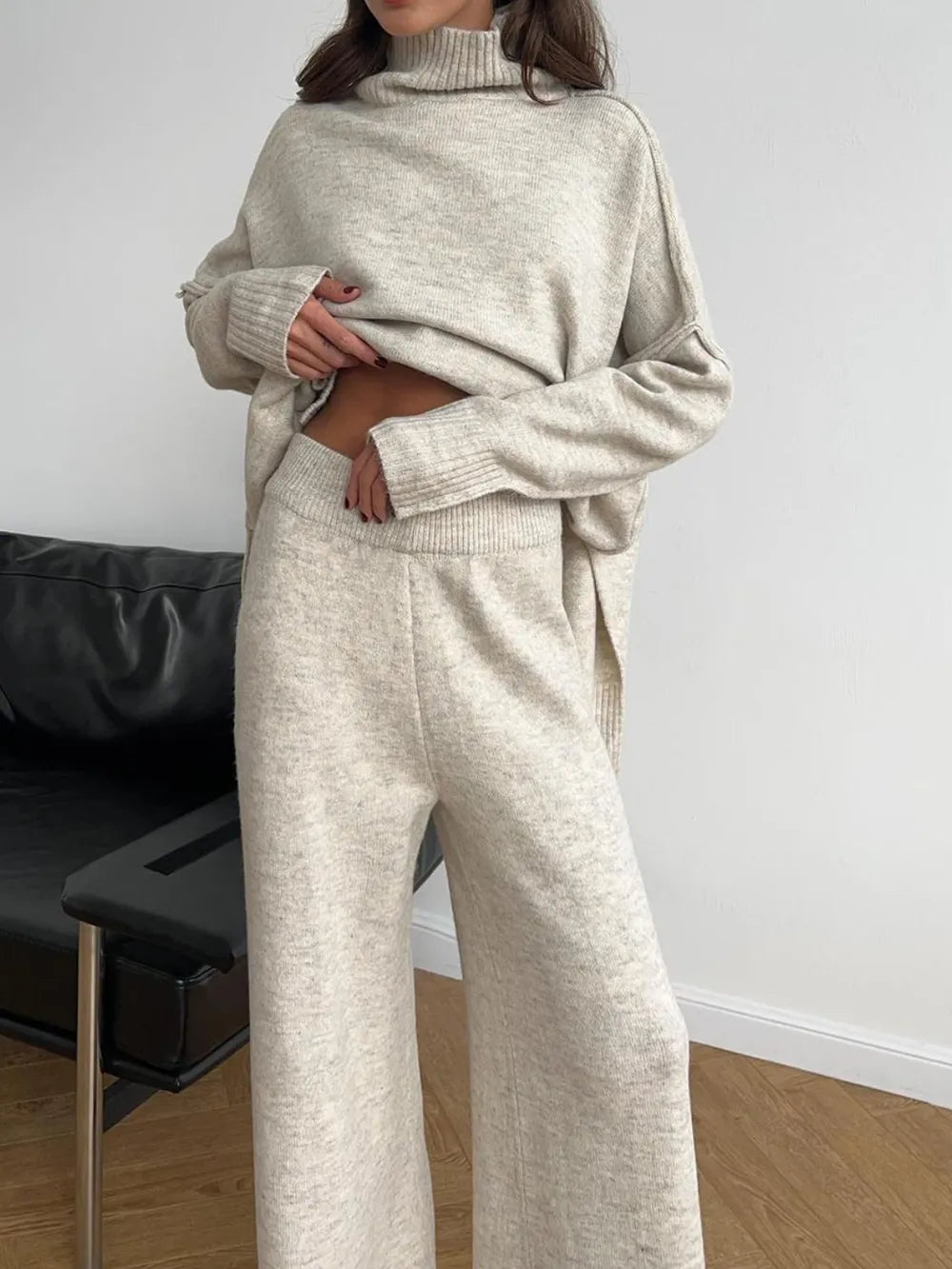Slit Turtleneck Long Sleeve Top and Pants Sweater Set nicholesgifts