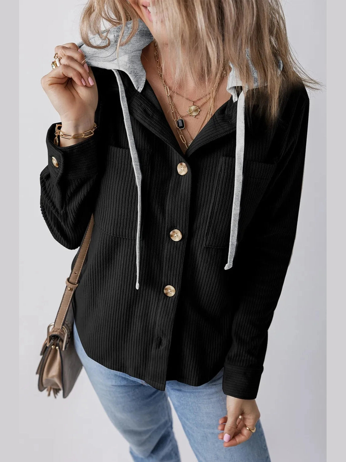 Drawstring Button Up Long Sleeve Hooded Jacket nicholesgifts