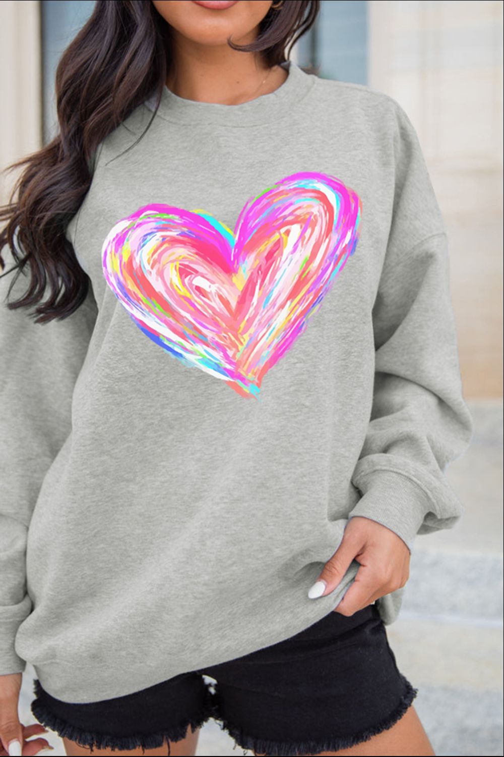 Women Valentine’s Day Heart Round Neck Drop Shoulder Sweatshirt NicholesGifts