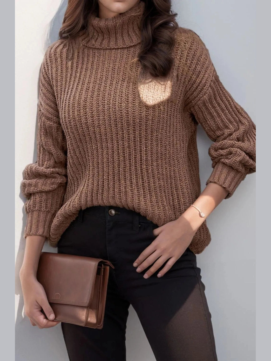 Turtleneck Dropped Shoulder Pullover Sweater nicholesgifts