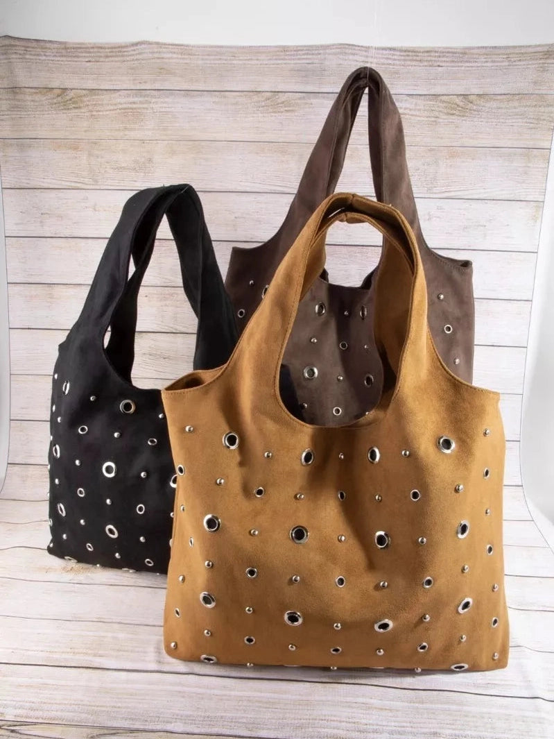 Fame Large Grommeted Suede Shoulder Bag nicholesgifts
