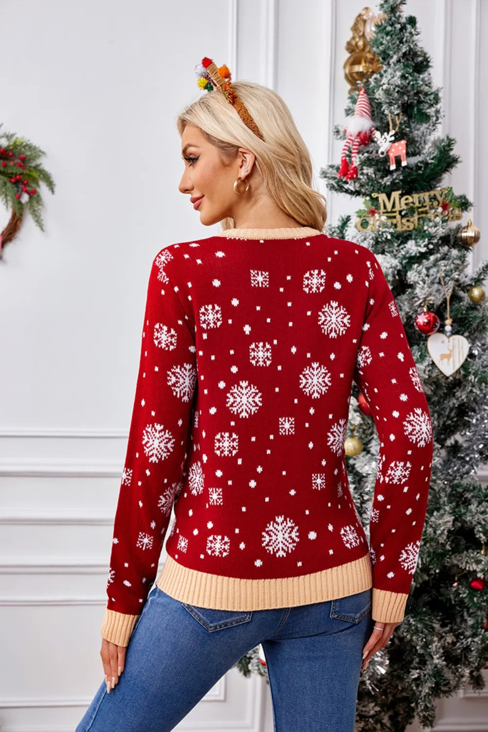 Christmas Pattern Round Neck Long Sleeve Sweater Trendsi