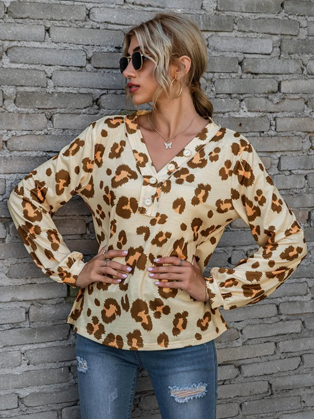 Leopard V-Neck Decorative Button Long Sleeve Blouse NicholesGifts