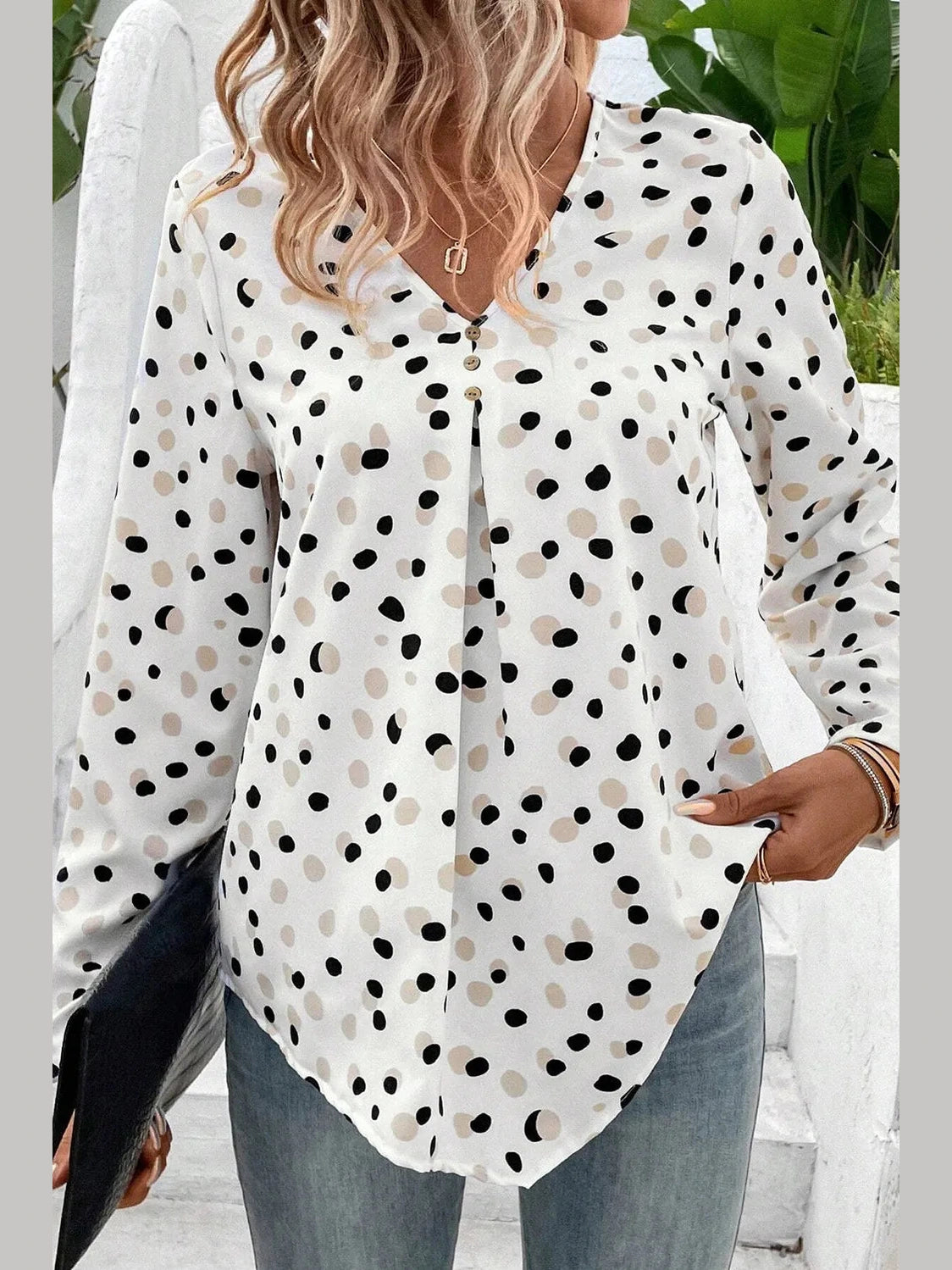 Printed V-Neck Long Sleeve Blouse NicholesGifts
