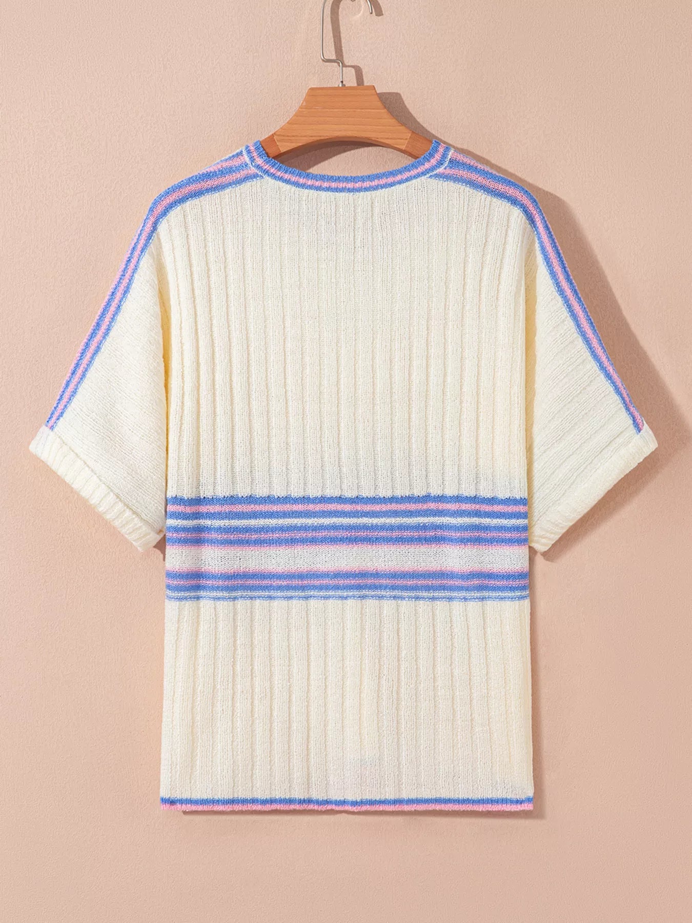 Striped V Neck Dolman Sleeve Rib Knit Oversized Sweater with Slits Trendsi