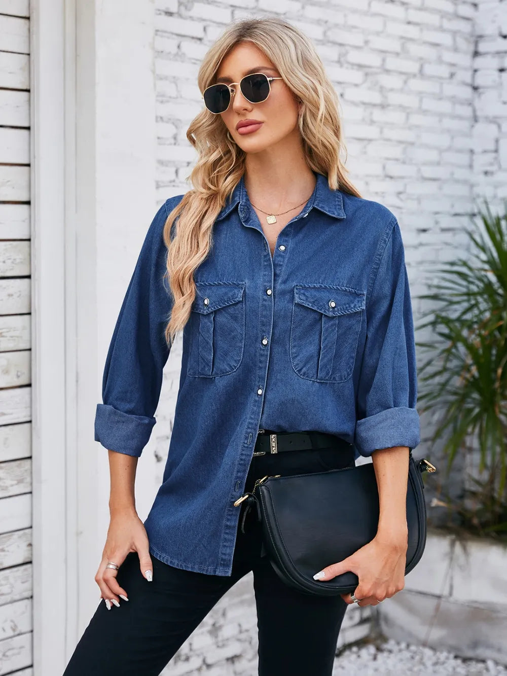 Button Up Collared Neck Denim Jacket Trendsi
