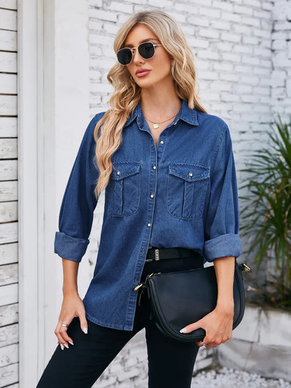 Button Up Collared Neck Denim Jacket Trendsi
