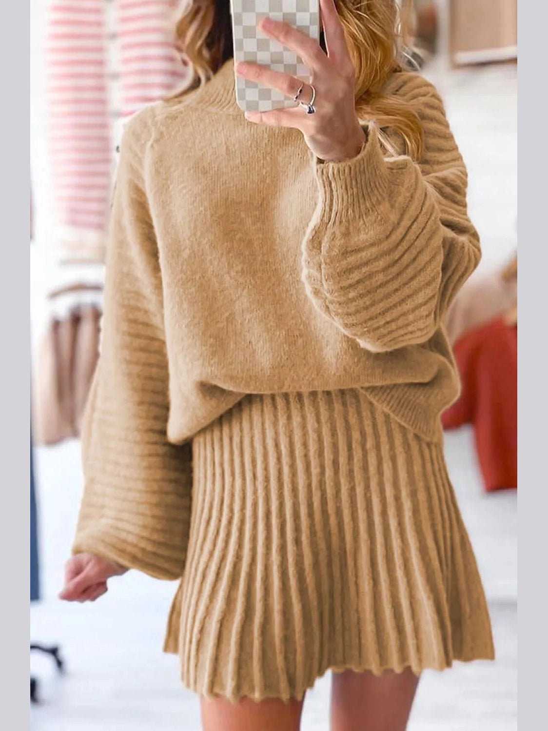 Ribbed Knit Long Sleeve Top and Skirt Sweater Set nicholesgifts