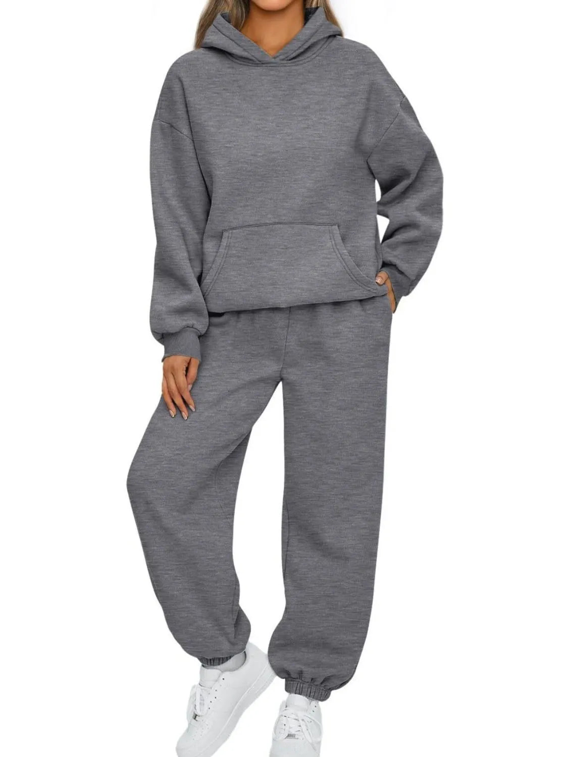 Full Size Kangaroo Pocket Hoodie and Joggers Set Plus Size Trendsi