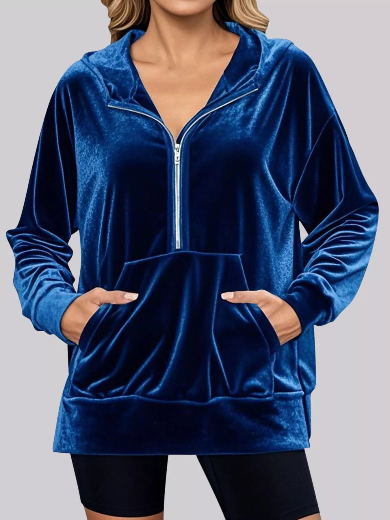 Full Size Half Zip Kangaroo Pocket Hoodie Plus Size Trendsi