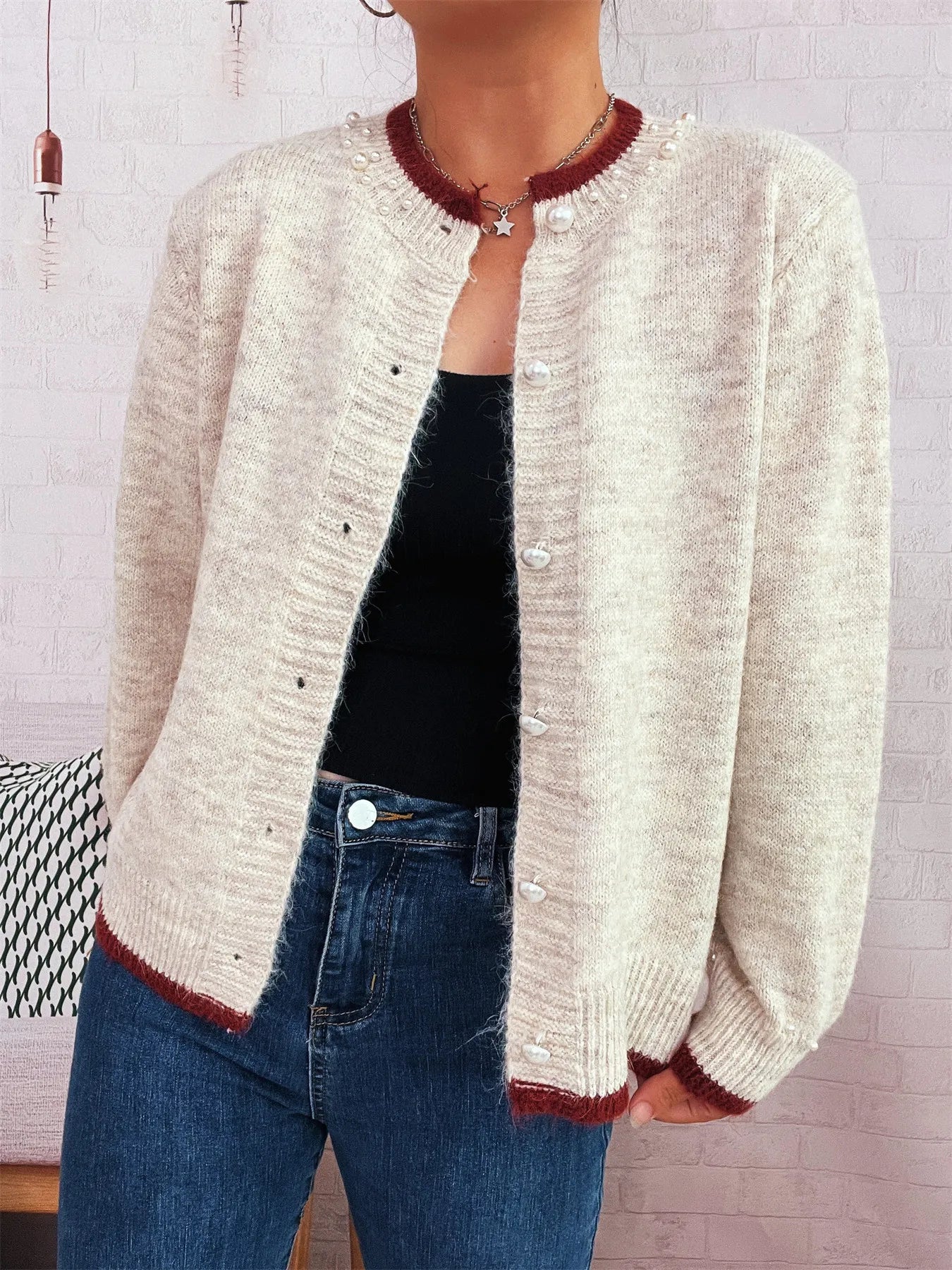 Pearl Embellished Button-Front Cardigan Trendsi