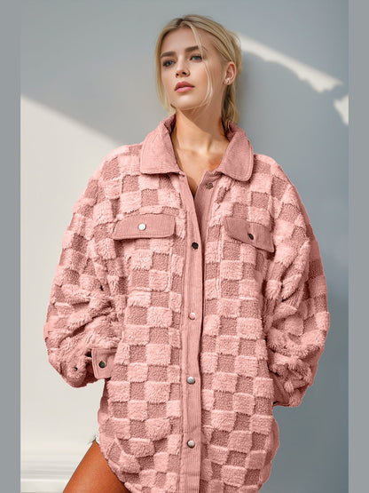 Women Double Take Button Up Fuzzy Checkered Shacket nicholesgifts