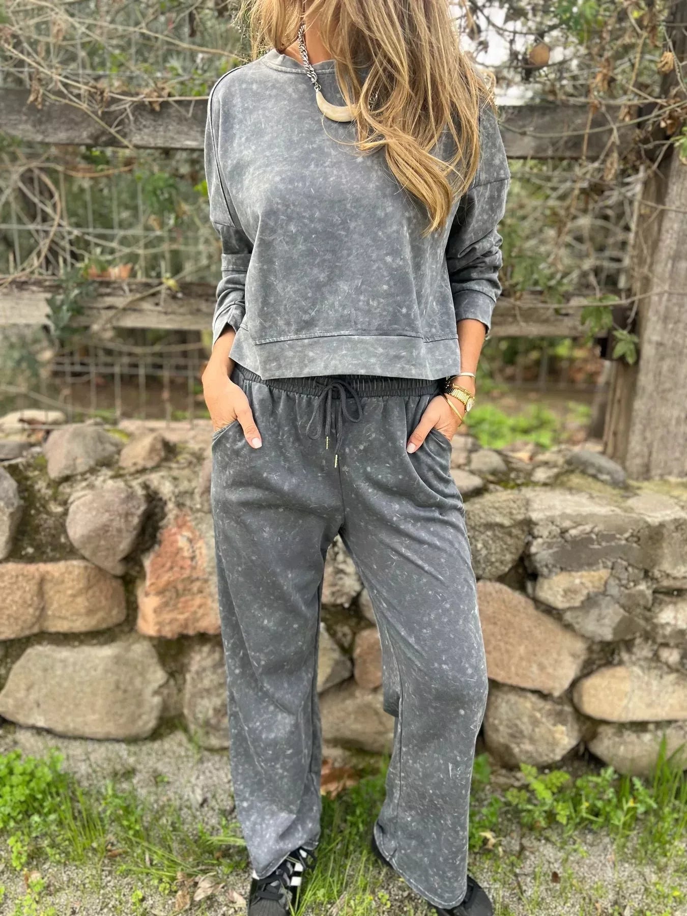Full Size Washed Round Neck Top and Drawstring Pants Set Plus Size nicholesgifts