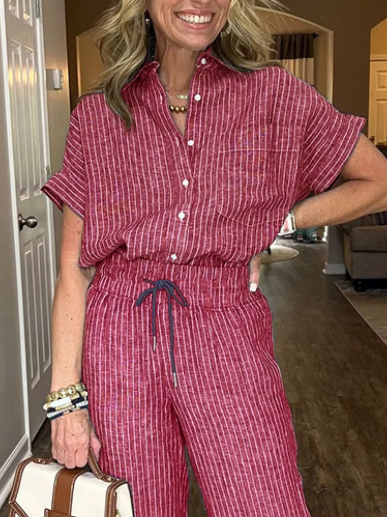 Full Size Striped Button-Up Shirt and Wide Leg Pants Casual Set Plus Size Trendsi